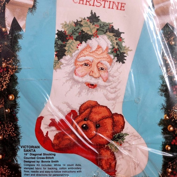 Bucilla Victorian Santa Teddy Bear Christmas Stocking Cross Stitch Kit 18" READ - Picture 2 of 4